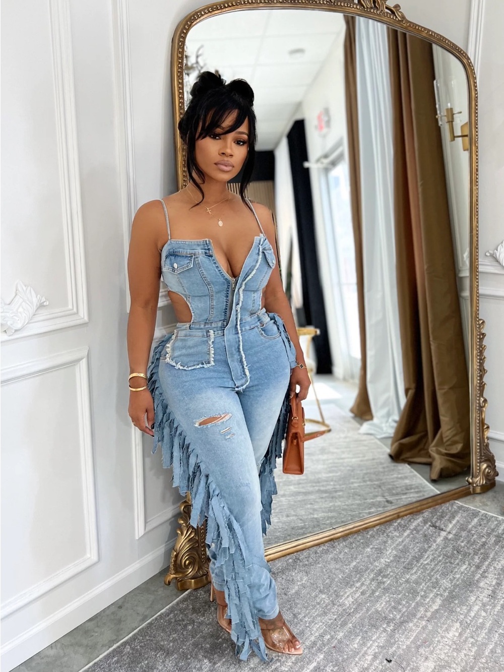 Light Blue Fringe Denim Jumpsuit Jeans - Women's